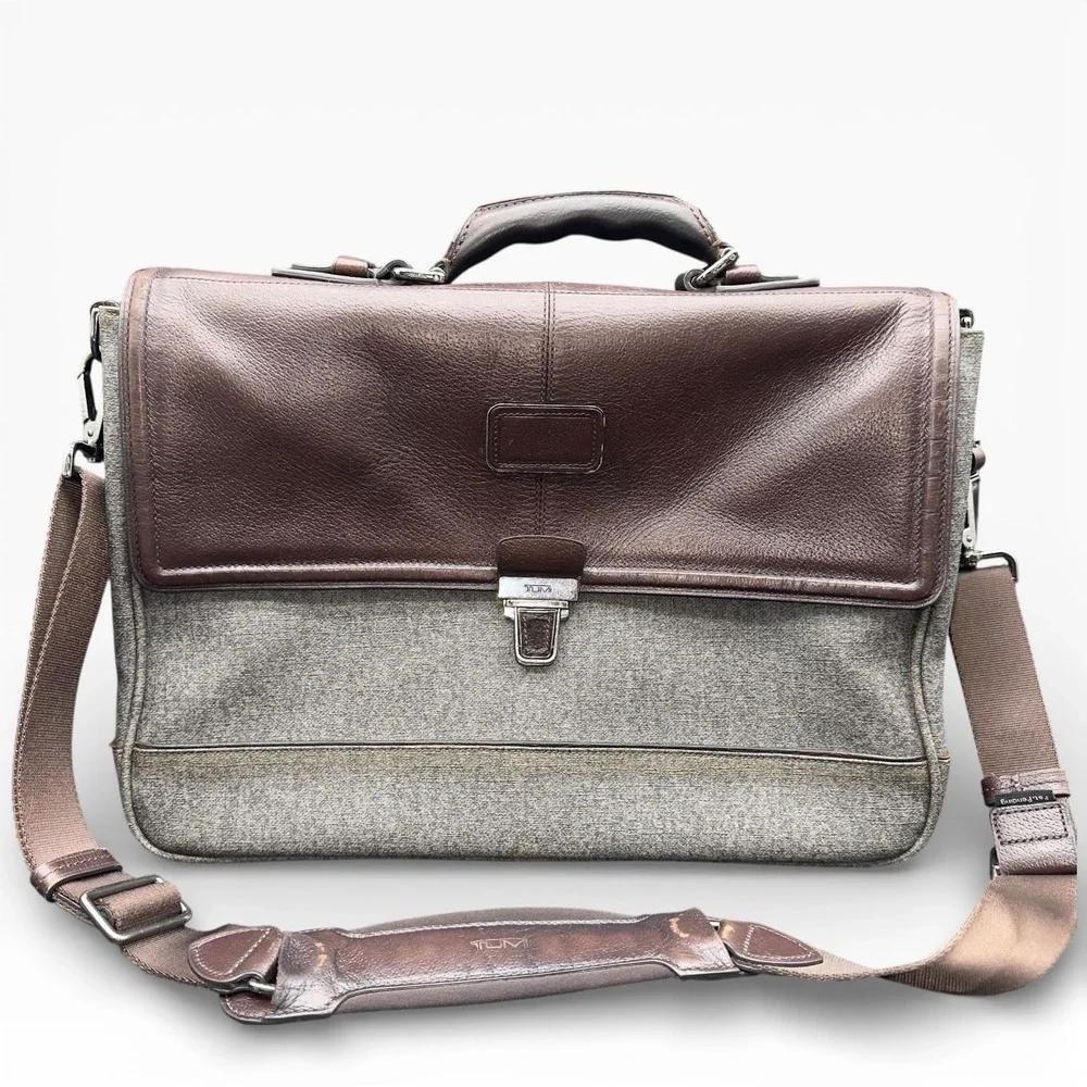 TUMI Bedford Carlisle Briefcase Laptop Bag Messenger Brown Leather Canvas
